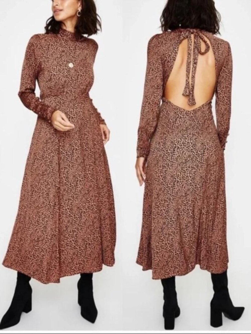 NEW Free People Loveless cocoa leopard print satin open back midi dress boho 12